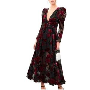 Rachel Purcell Burnout Velvet Maxi Dress Evening Gown Floral Black & Red Size 0